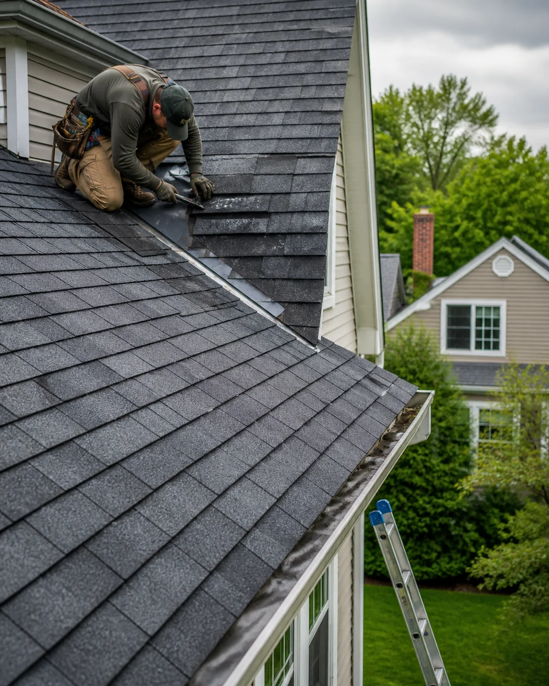 Residential roofline with shingles and repair planning details
